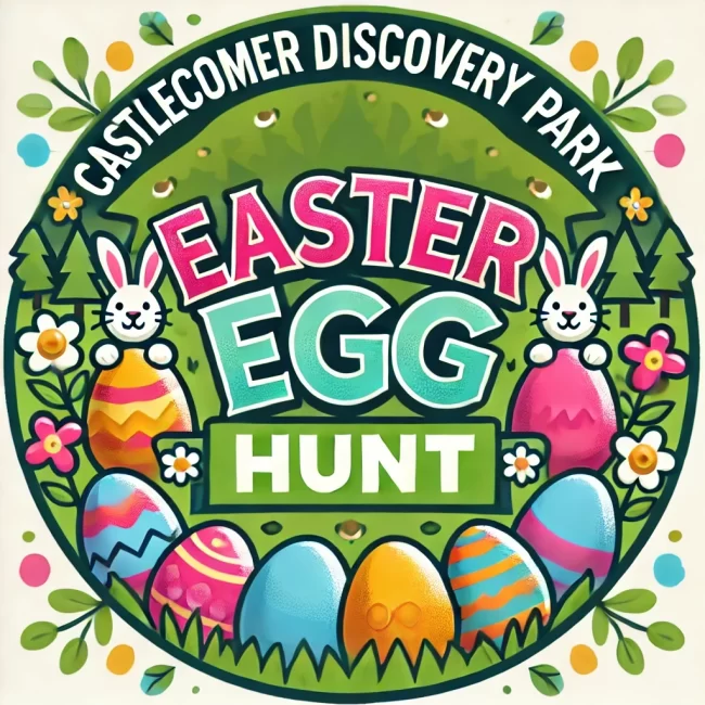 DALL·E 2025-03-20 14.25.43 – A vibrant Easter-themed logo for ‘Castlecomer Easter Egg Hunt’. The design should feature colorful Easter eggs, playful bunnies, and a natural forest