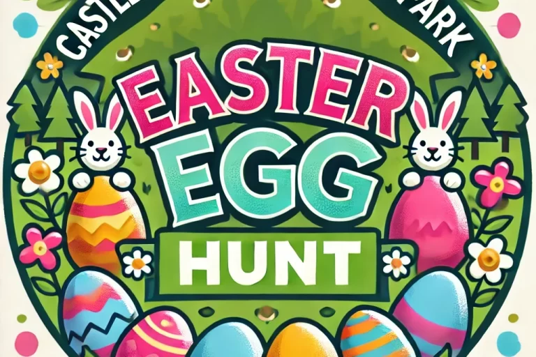 DALL·E 2025-03-20 14.25.43 – A vibrant Easter-themed logo for ‘Castlecomer Easter Egg Hunt’. The design should feature colorful Easter eggs, playful bunnies, and a natural forest