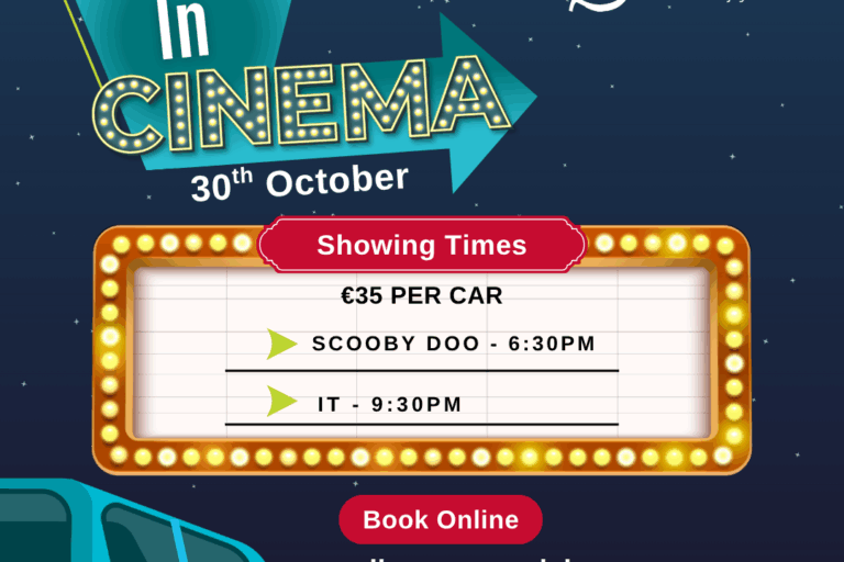 Cinema Feed Poster for a drive-in cinema at Castlecomer Discovery Park, named a Best Workplace for Health & Wellbeing, on 30th October. Watch "Scooby Doo" at 6:30 pm or "IT" at 9:30 pm. €35 per car. Blue car shown; book online at discoverypark.ie.